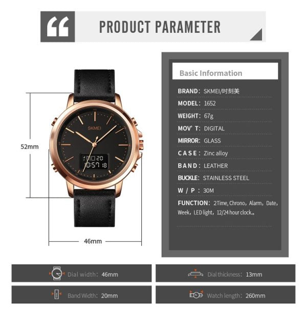 Limited Edition Skmei Men’s Digital Watch Analog Leather Multifunctional Waterproof Men’s Watch 1652.